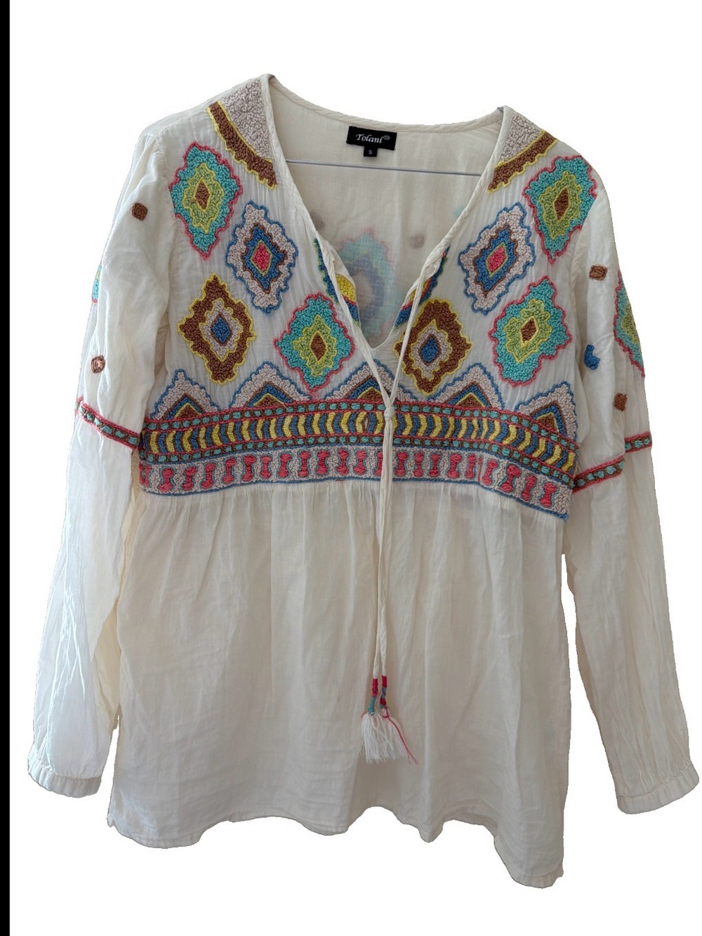 Tolani Embroidered Boho Peasant Tunic Top Multicolor Size Small
